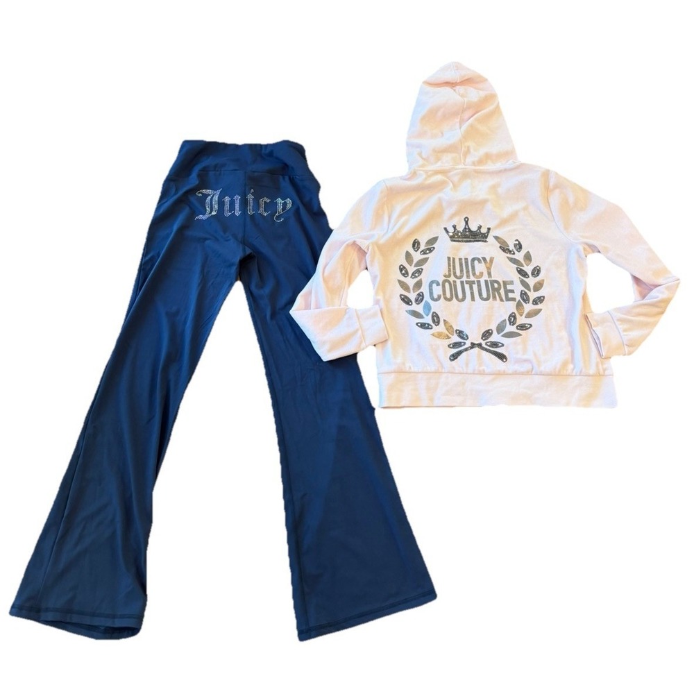 Juicy Couture Rhinestone Sequin Studded Tracksuit Set Pink Hoodie L Blue Pants M